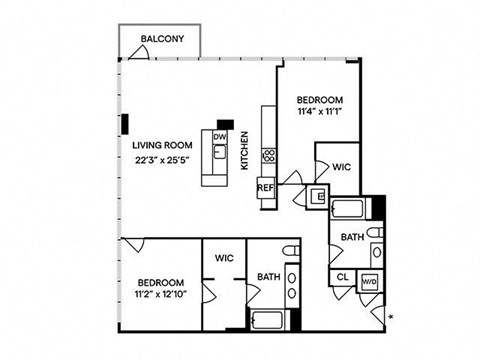 Floor plan for 2 beds, 2 baths